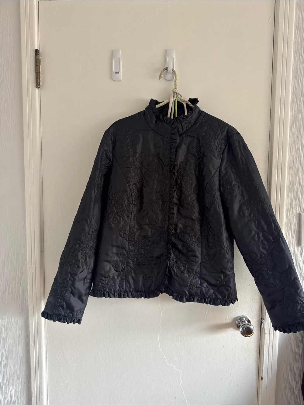 Northern Reflections Black Quilted Ruffle-Trim Puffer Jacket